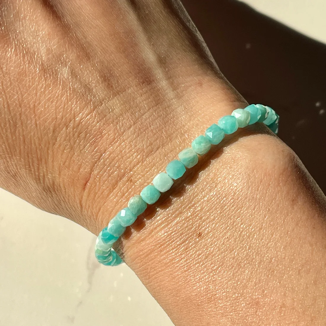 Adjustable Faceted Cube Bead Bracelet - Amazonite