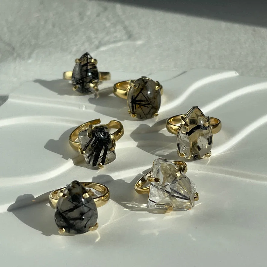 Black Tourmalated Adjustable gold plated ring