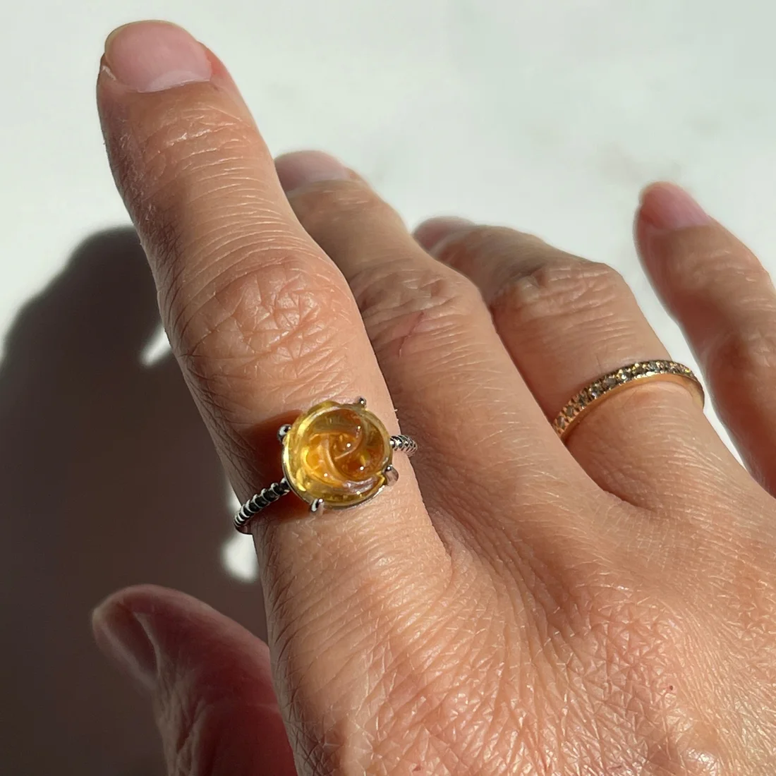 Citrine adjustable ring in rose carving