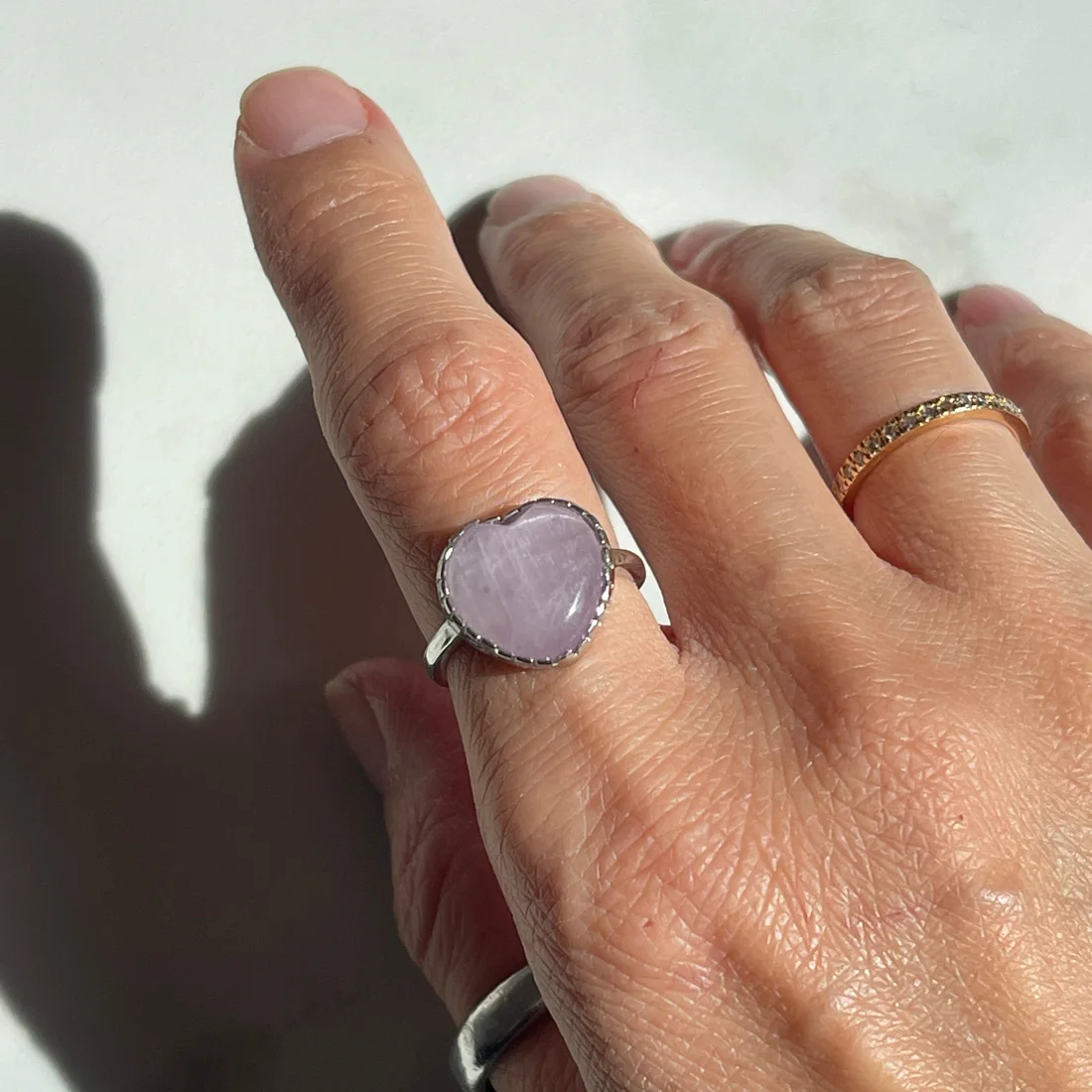 Kunzite adjustable ring in heart shape