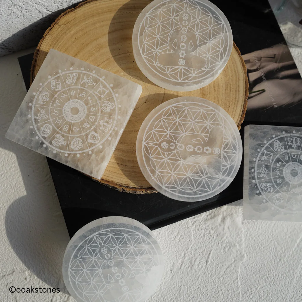 Selenite Round Charging Plate with Charka Symbol