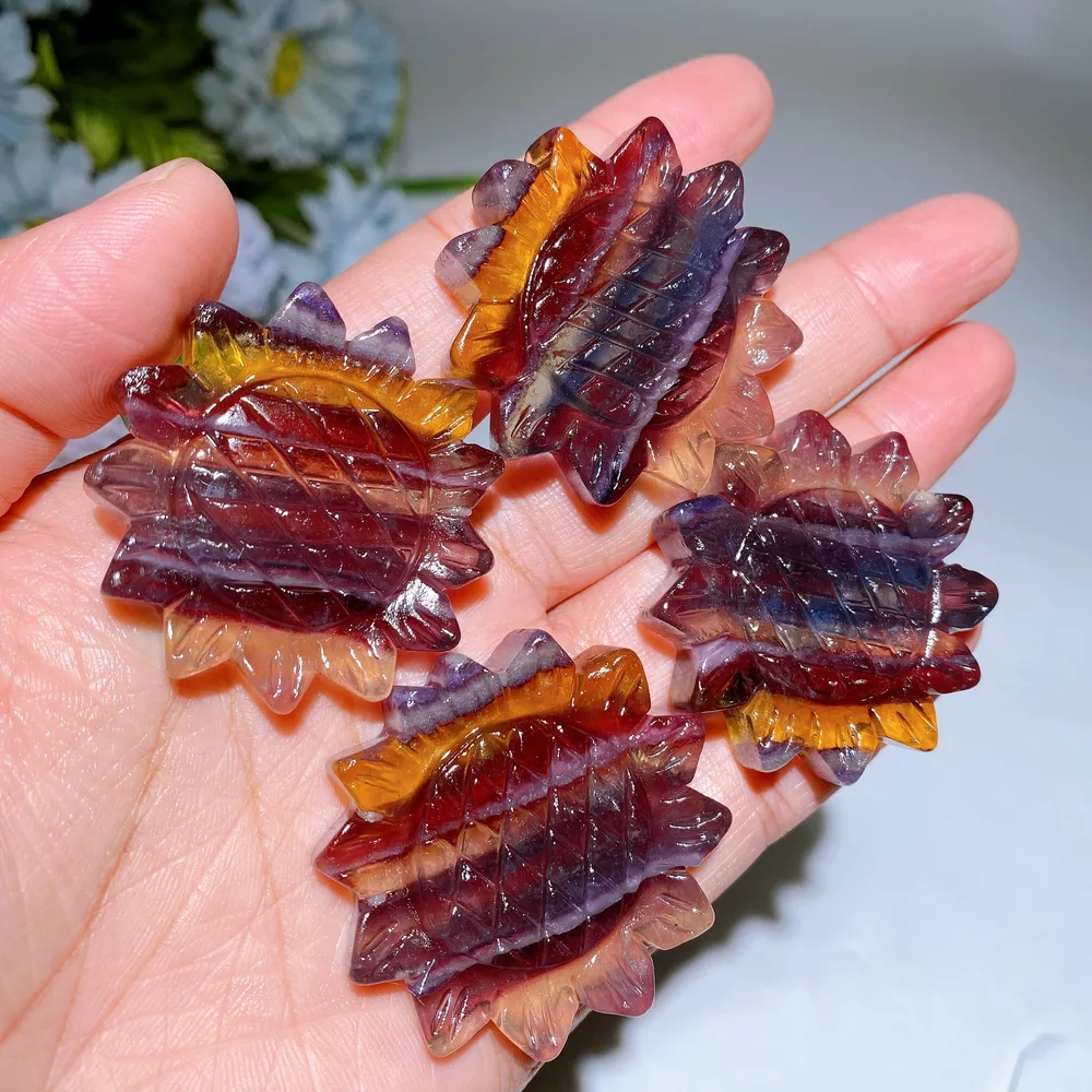 1.6" Rainbow Fluorite Sunflower Carving Crystal Healing Bulk Wholesale