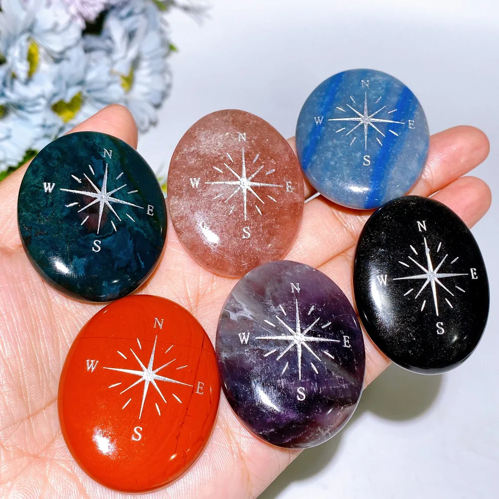 1.9" Crystal Palm with Compass Printing Crystal Healing Bulk Wholesale