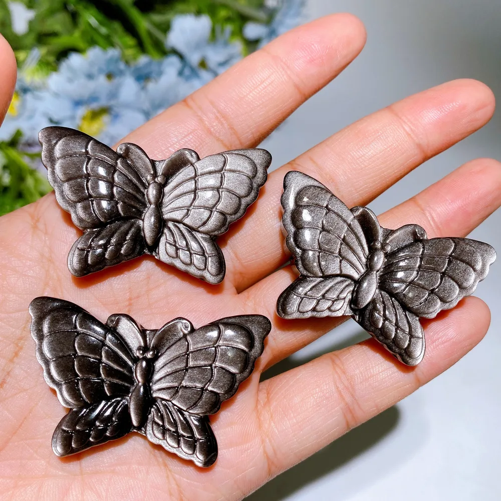 1.9" Silver Obsidian Butterfly Carving Crystal Healing Bulk Wholesale