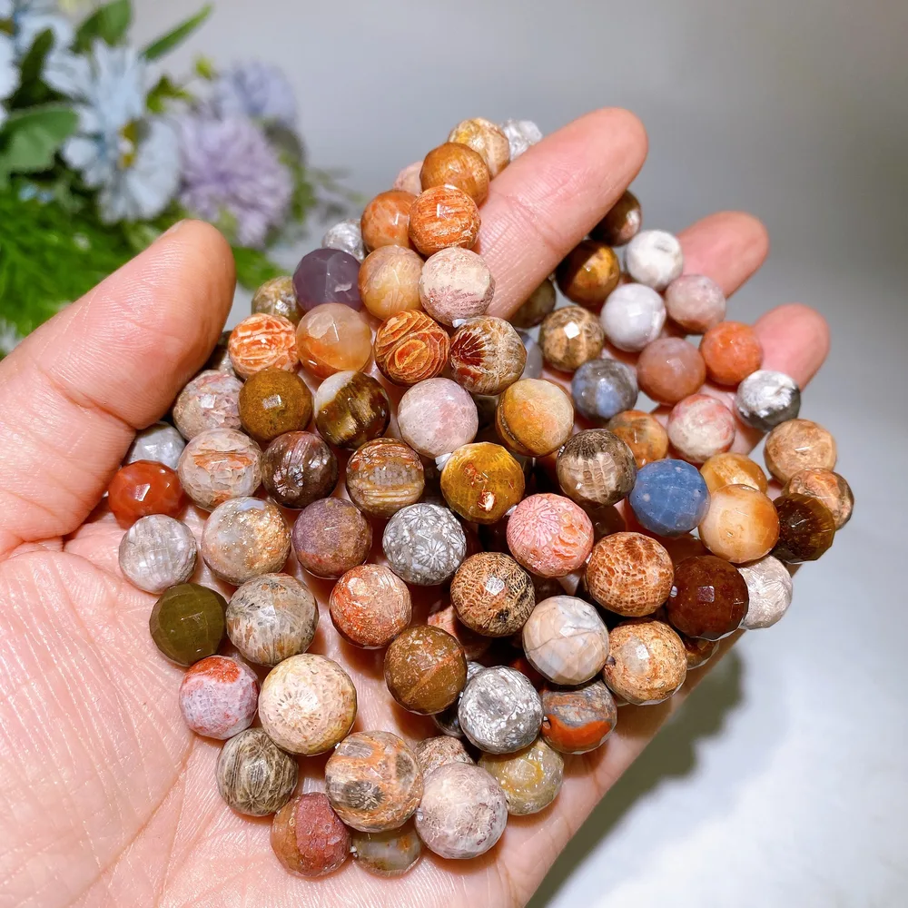 10-11.5mm Faceted Coral Agate Bracelet Crystal Healing Bulk Wholesale