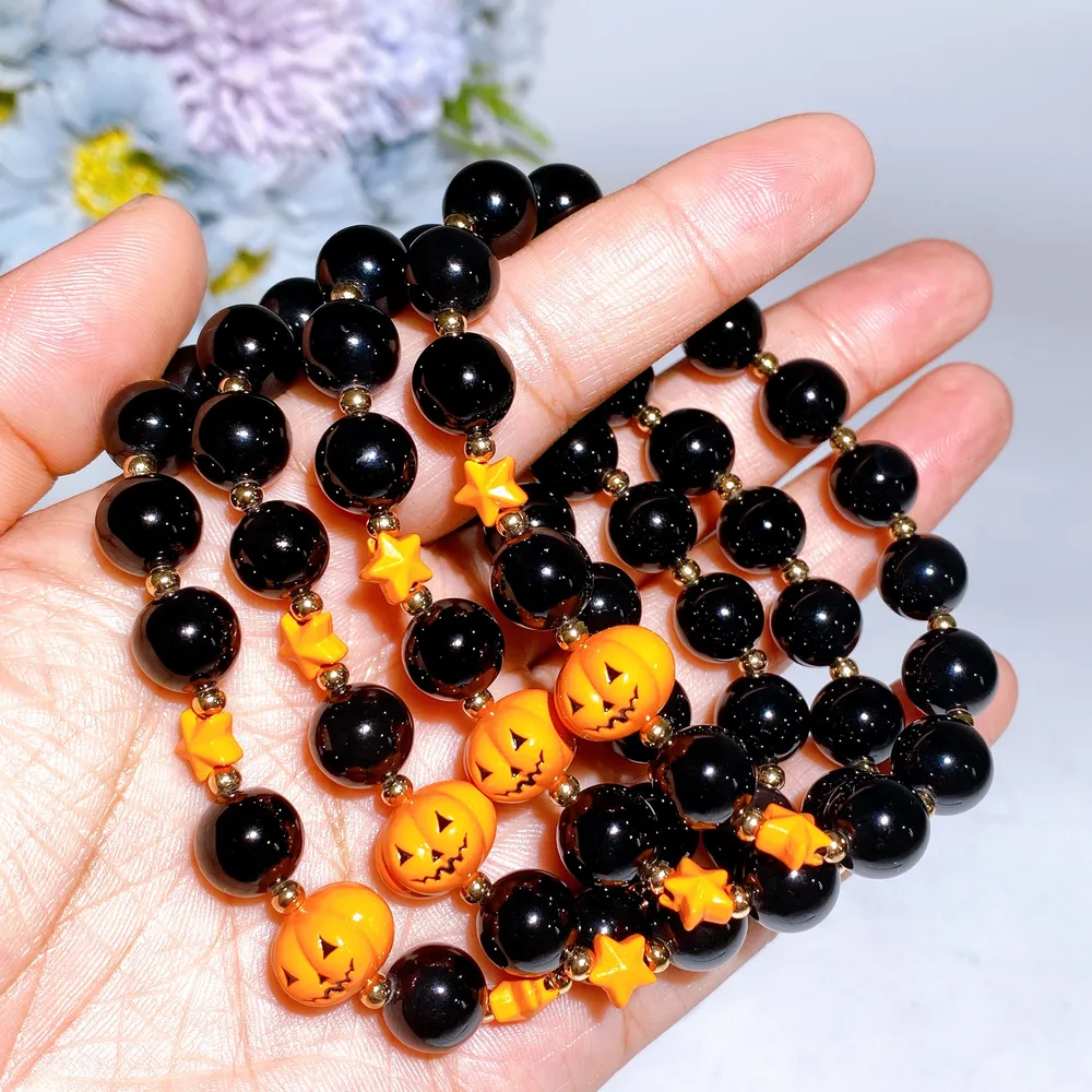 10mm Crystal Bracelet with Pumpkin Decor for Halloween Crystal Healing Bulk Wholesale