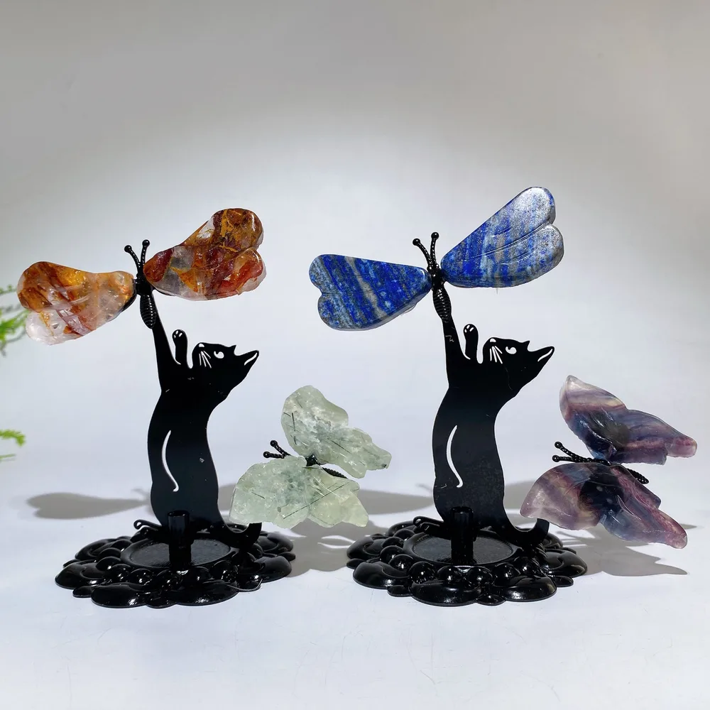 12cm Mixed Crystal Cat Catching Dragonfly Butterfly Crystal Healing Bulk Wholesale