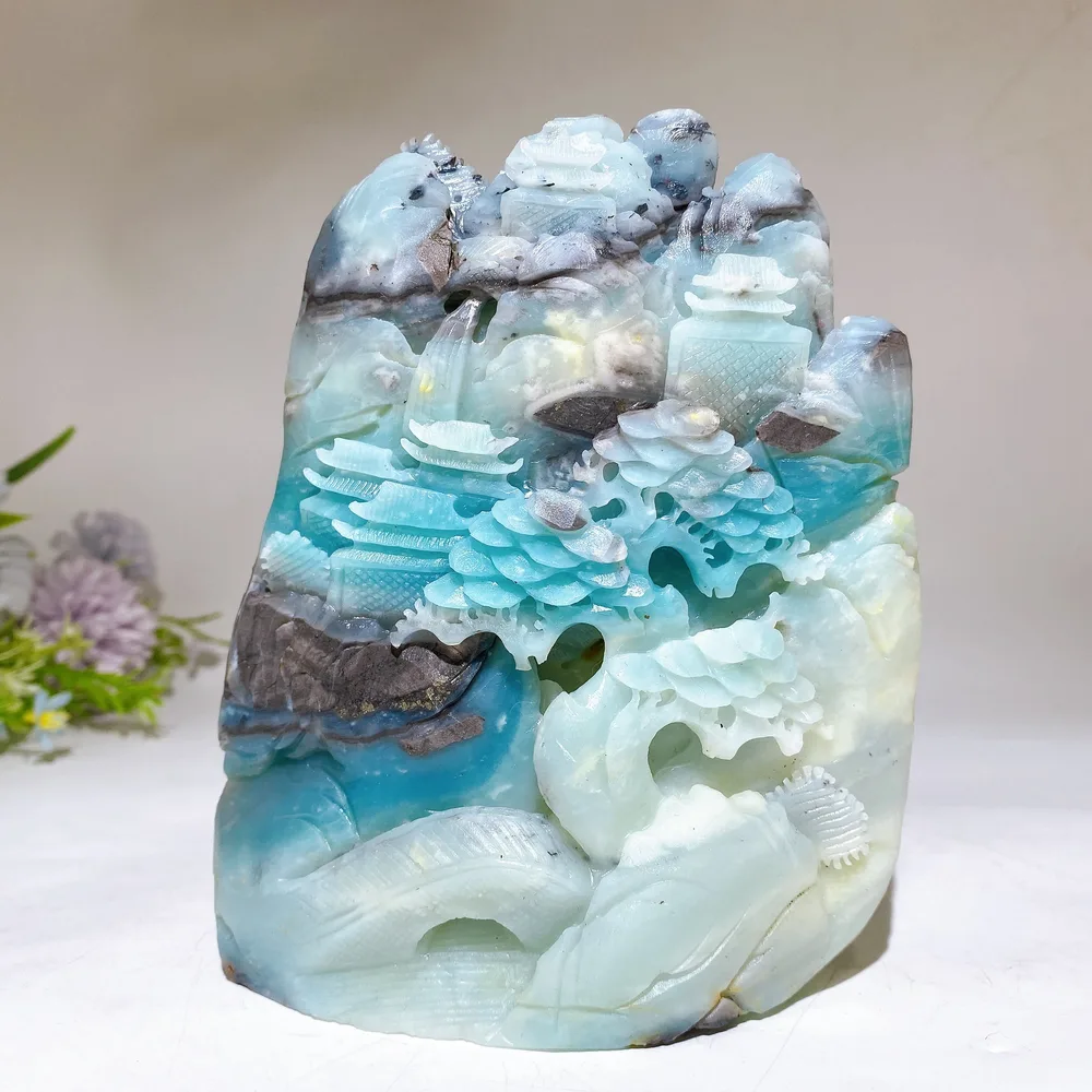 16cm Unique Sky Blue Landscape Scenery Carving Crystal Healing Bulk Wholesale