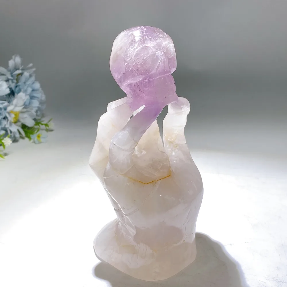 18cm Large Unique Amethyst Grow with Quartz Ghost Hand Holding Skull Carving Crystal Healing Bulk Wholesale