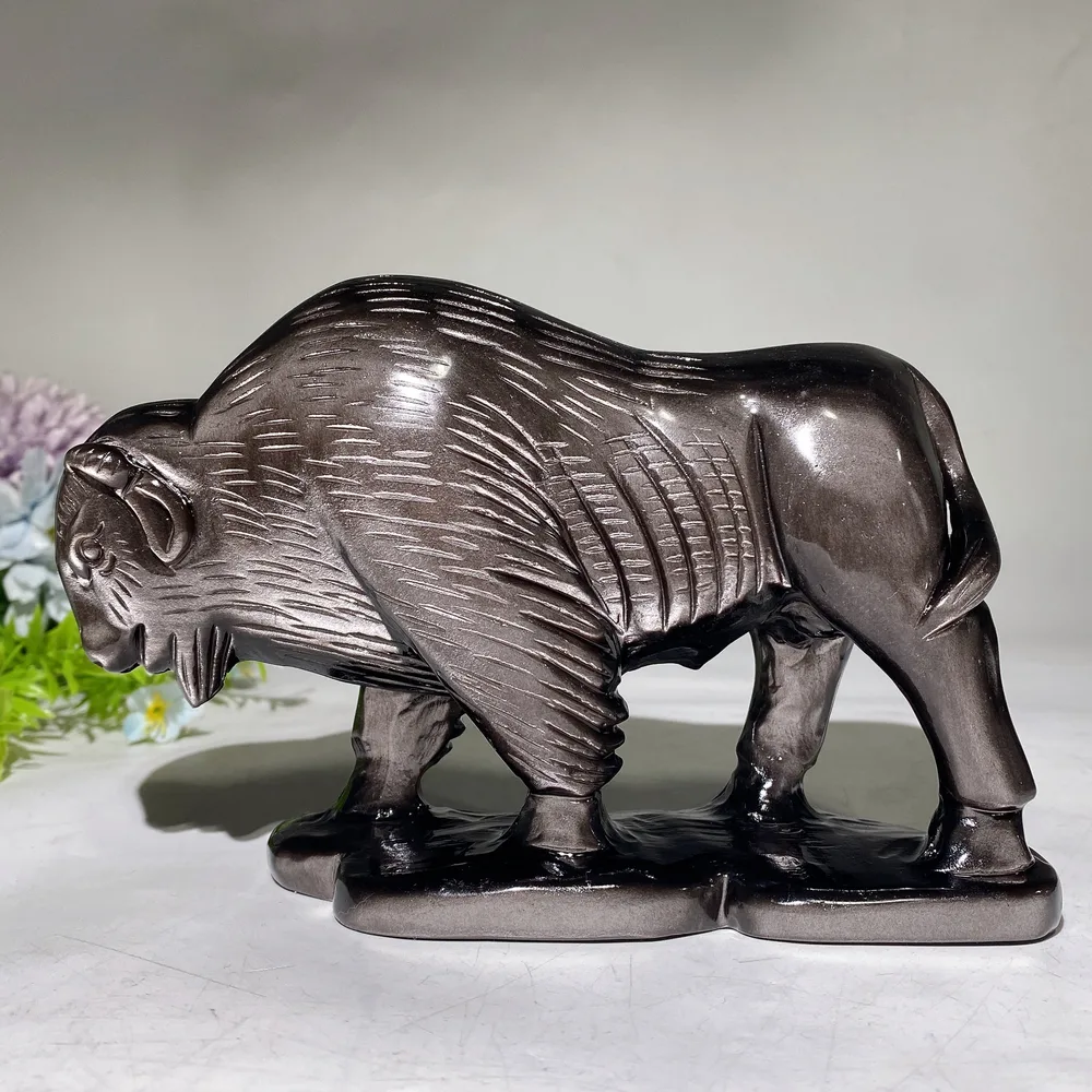 18cm Silver Obsidian Yak Carving Crystal Healing Bulk Wholesale