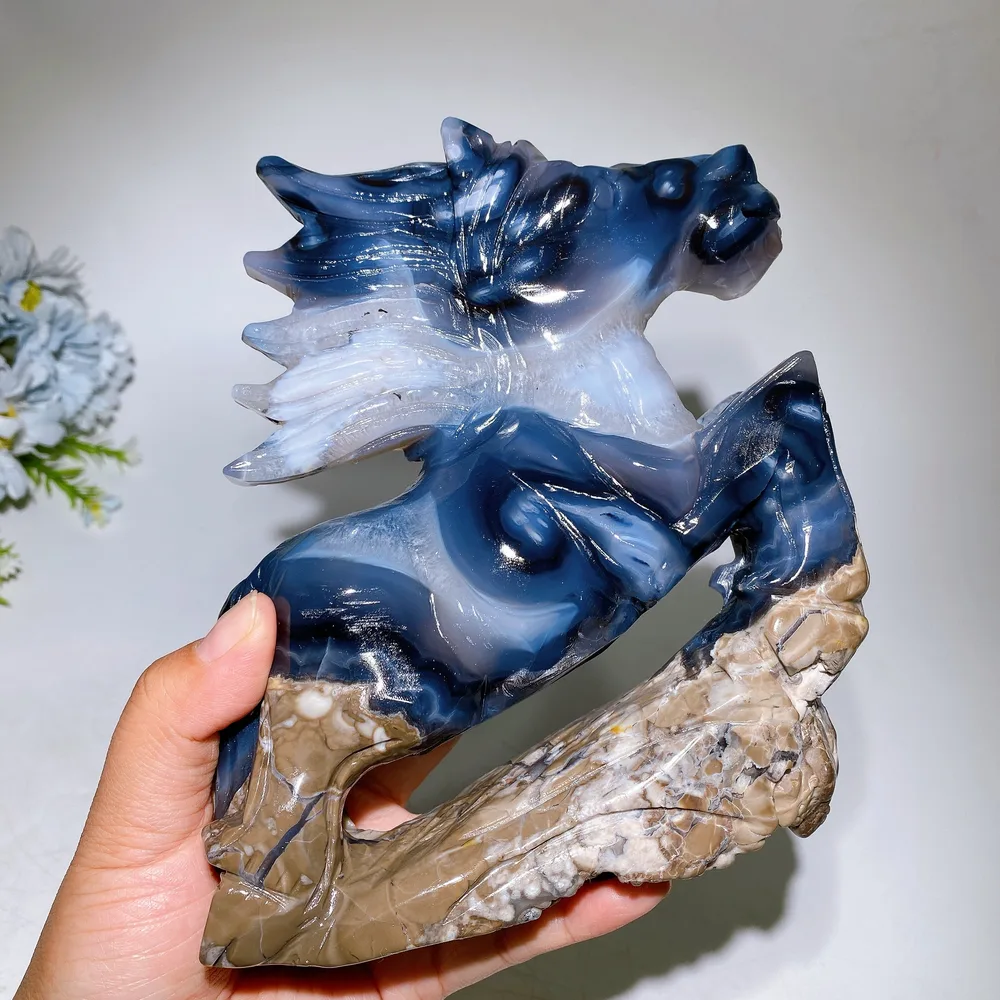 18cm Unique UV Reactive Volcanic Agate Horse Carving Crystal Healing Bulk Wholesale