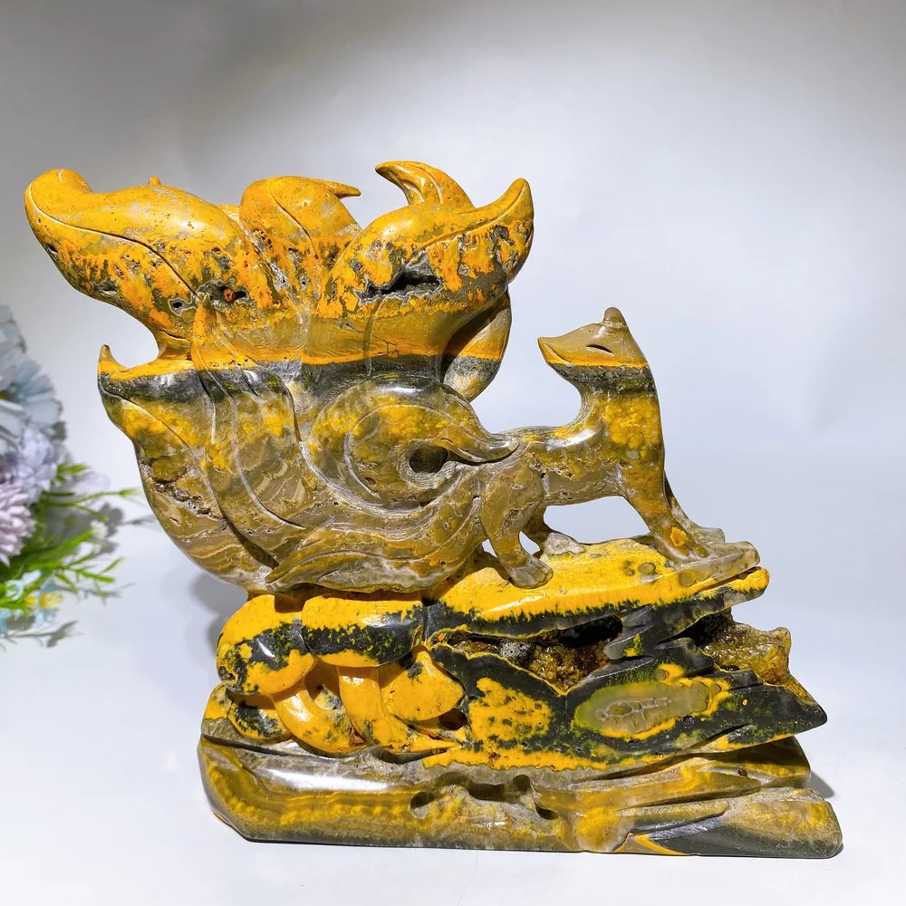 18cm Unique Bumblebee Jasper Nine-tails Fox Carving Crystal Healing Bulk Wholesale