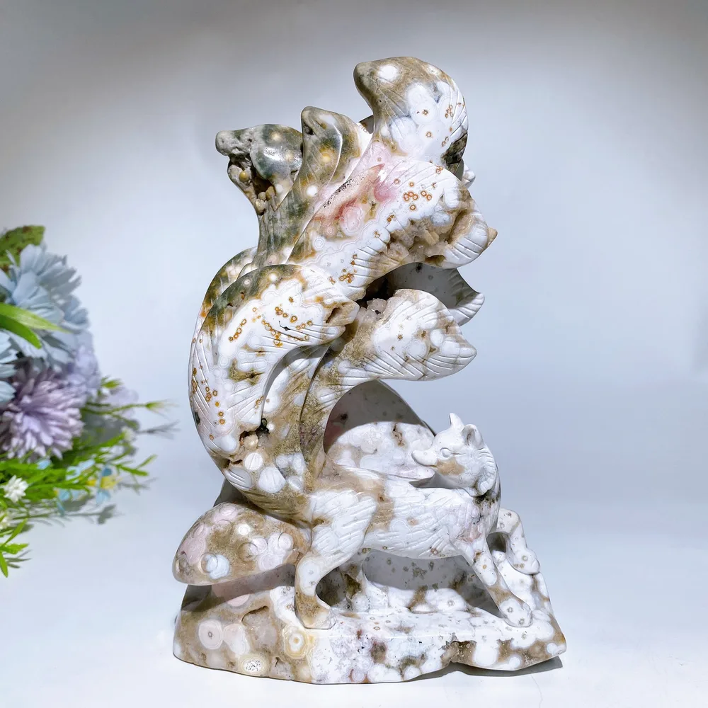 19cm Unique Ocean Jasper Nine-tails Fox Carving Crystal Healing Bulk Wholesale