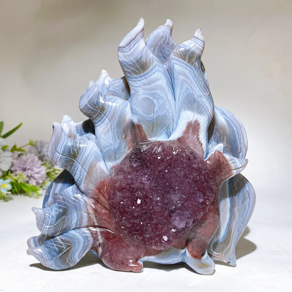 19cm Unique Striped Agate Growing with Amethyst Cluster Nine-tails Fox Carving Crystal Healing Bulk Wholesale