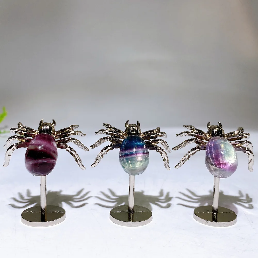 Natural Fluorite Blue Apatite Spider Carving with Fixed Metal Display Stand Wholesale