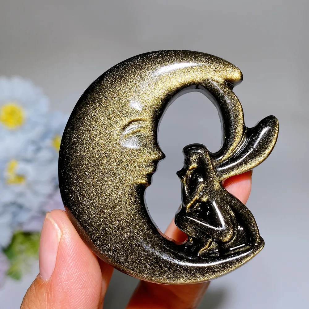 2.2"-2.3" Golden Obsidian Silver Obsidian Moon Fairy Carving Crystal Healing Bulk Wholesale
