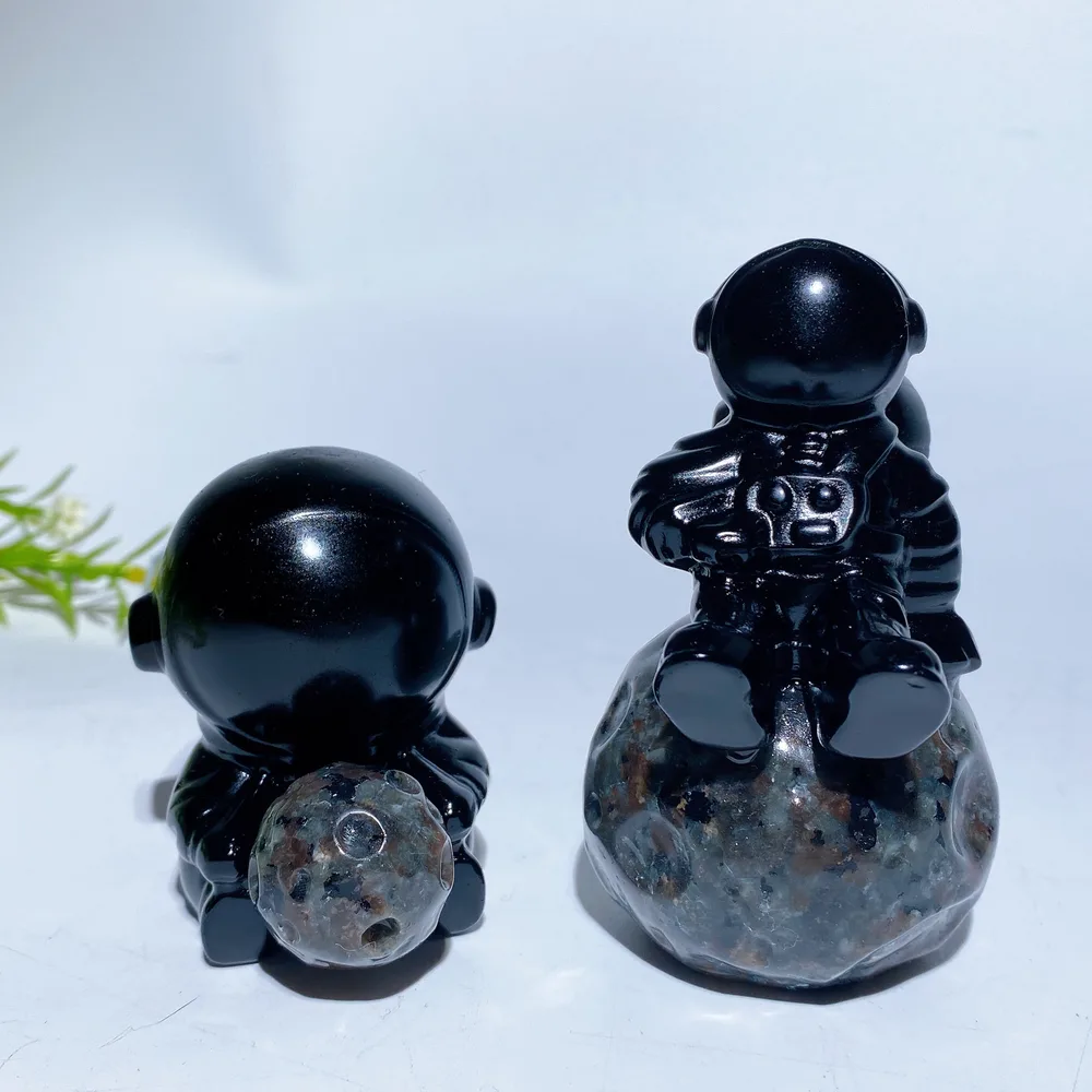 2.3" 3.3" Black Obsidian Spaceman on Yooperlite Planet Carving Crystal Healing Bulk Wholesale