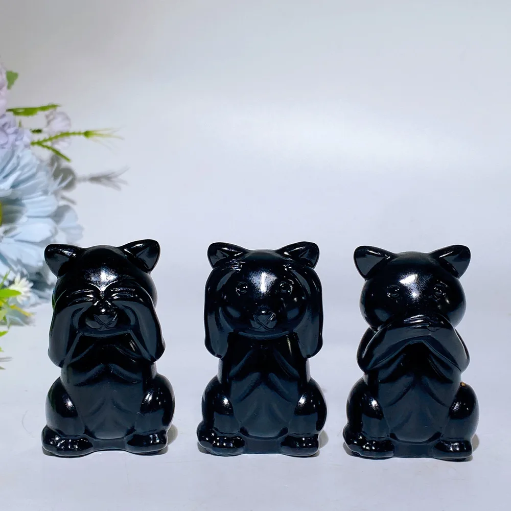2.3" Black Obsidian Three-no Animal Carving Crystal Healing Bulk Wholesale 3 Pieces