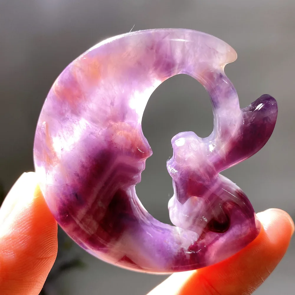 2.3" Dream Amethyst Rose Quartz Moon Fairy Carving Crystal Healing Bulk Wholesale