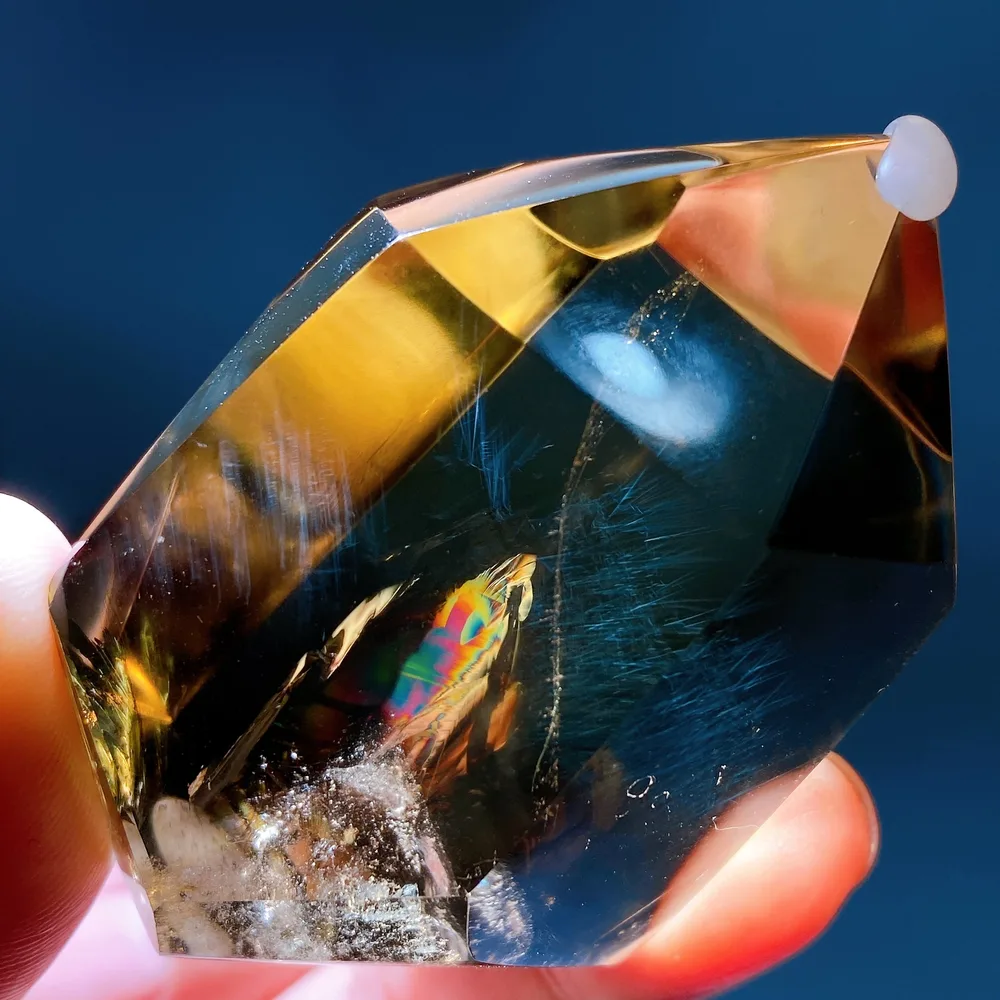 2.5" Unique Blue Needle in Citrine with Rainbow Point Crystal Healing Bulk Wholesale