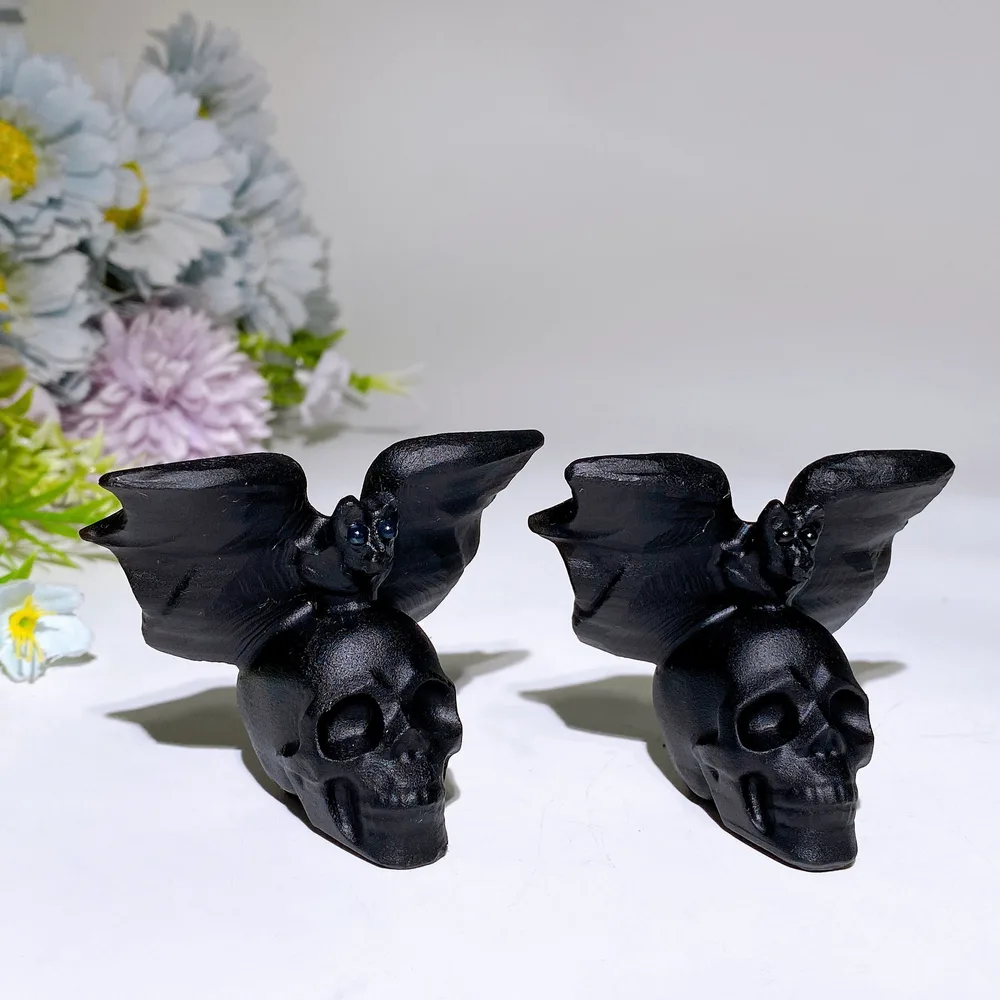 2.6" Black Obsidian Skull with Bat Carving Crystal Healing Bulk Wholesale