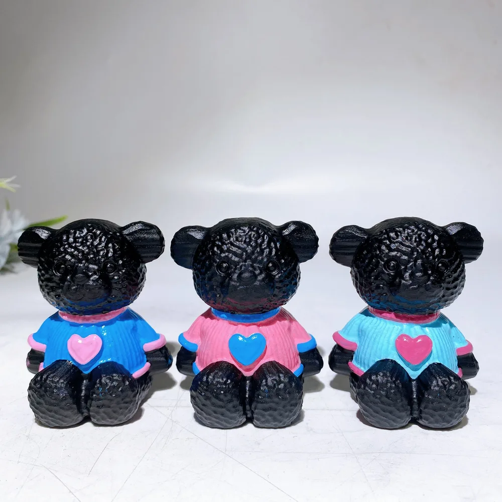 2.7" Black Obsidian Bear Carving with Painting Crystal Healing Bulk Wholesale