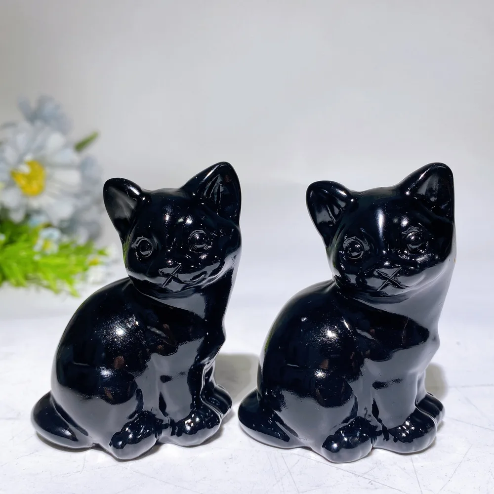 2.7" Black Obsidian Cat Carving Crystal Healing Bulk Wholesale