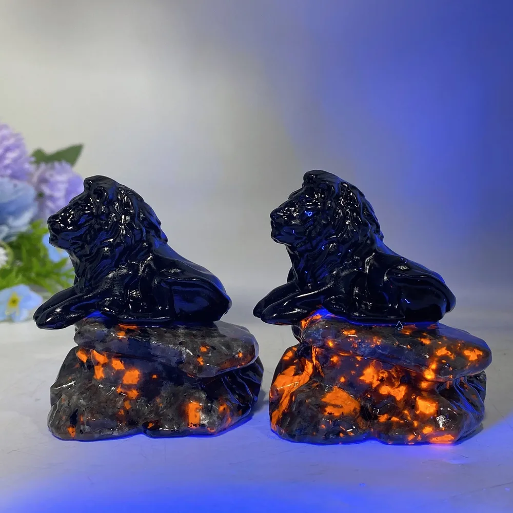 2.7" Black Obsidian Lion on Yooperlite Carving Crystal Healing Bulk Wholesale