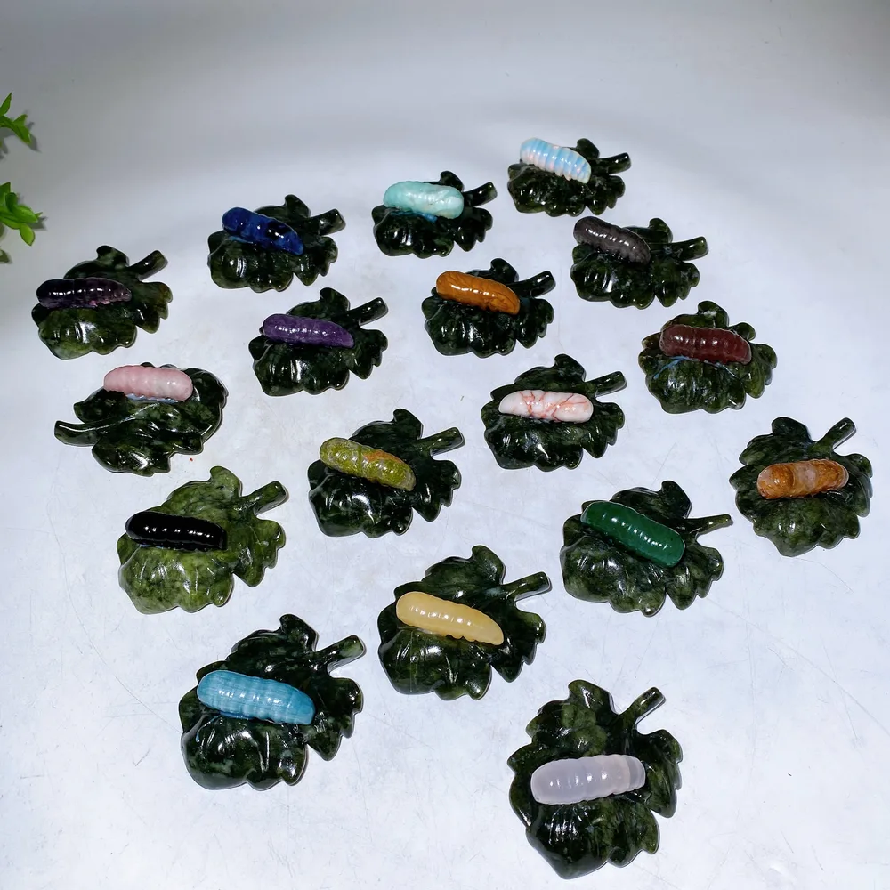 2.7" Crystal Silkworm on Serpentine Leaf Carving Crystal Healing Bulk Wholesale
