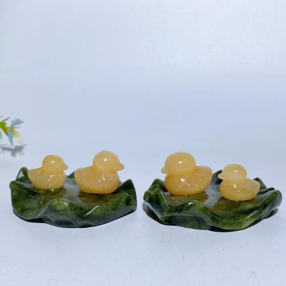 2.7" Orange Calcite Ducks on Lotus Leaf Carving Crystal Healing Bulk Wholesale