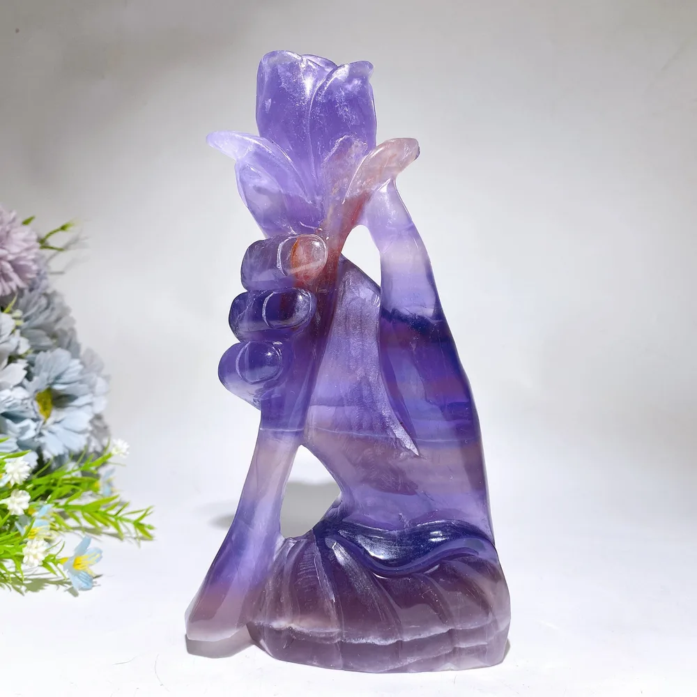 20cm Fuorite Hand Rose Flower Carving Crystal Healing Bulk Wholesale