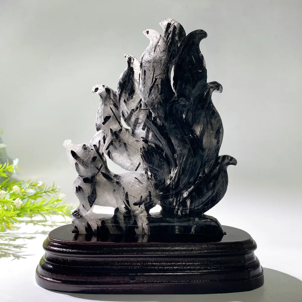 20cm Uninque Black Tourmaline in Quartz Nine-tails Fox Carving Crystal Healing Bulk Wholesale