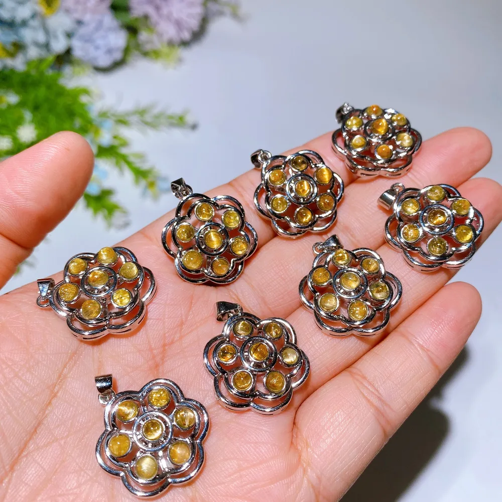 20mm Golden Rutialted Quartz Labradorite Amethyst Spin Flower Pendant Crystal healing Bulk Wholesale