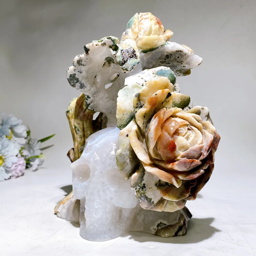21cm Large Unique Agate Quartz Skull Grow with Ocean Jasper Peony Carving Crystal Healing Bulk Wholesale