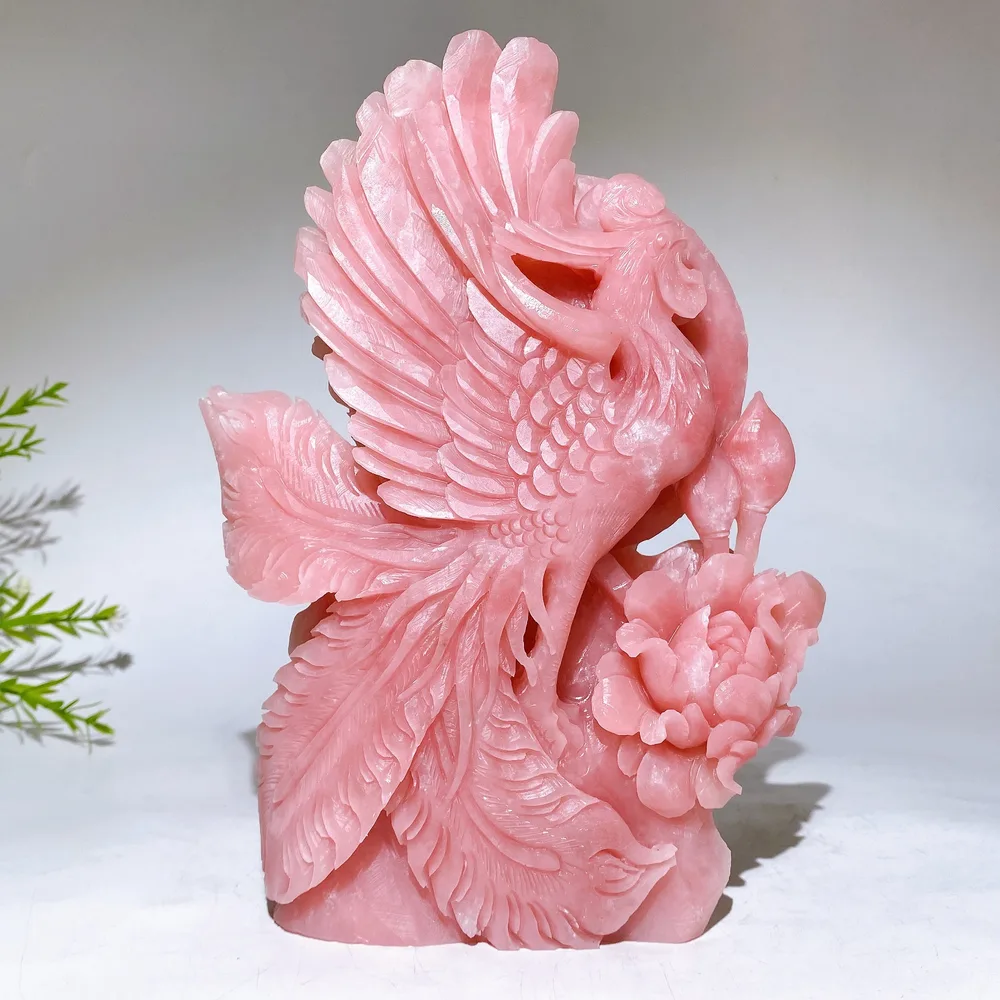 22.5cm Hand Carved Natural Pink Opal Phoenix & Penony Free Form Crystal Healing Bulk Wholesale