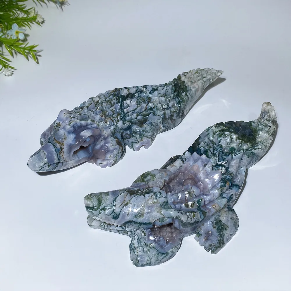 22cm Unique Moss Agate Crocodile Carving Crystal Healing Bulk Wholesale