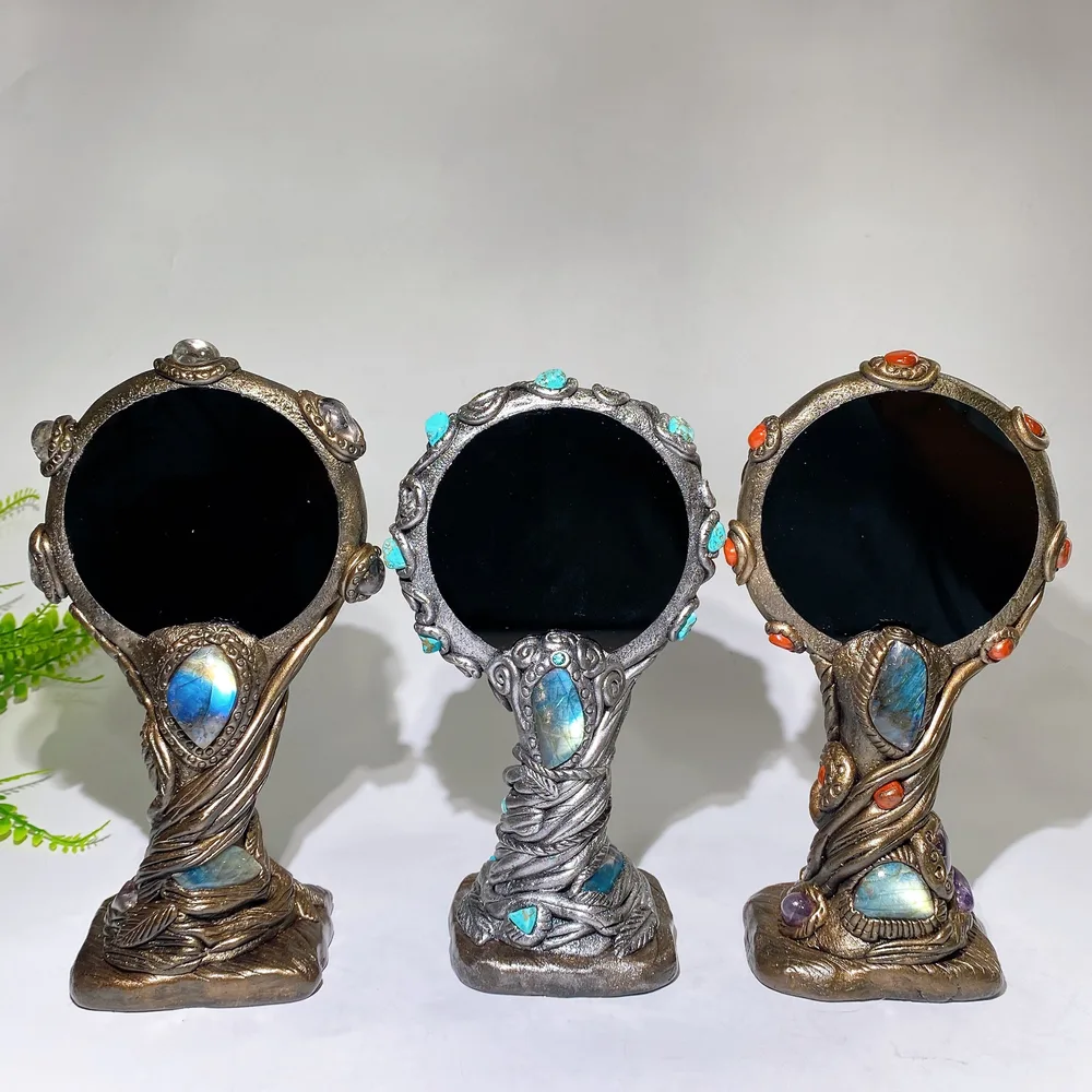 23cm Natural Black Obsidian Magic Mirror with Resin Handle Crystal Healing Bulk Wholesale