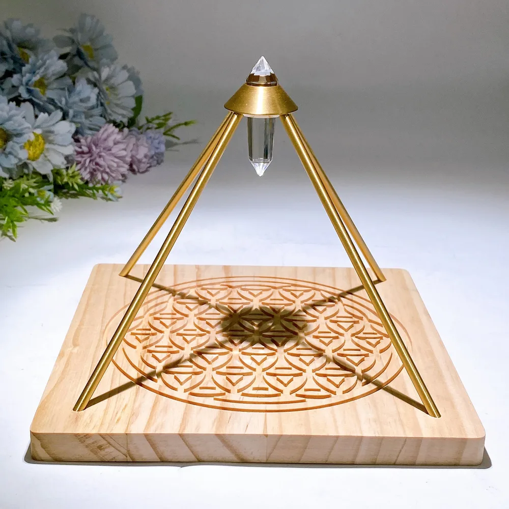 Vogel Copper Pyramid with Faceted Clear Quartz DT Point & Life Flower Wooden Base Crystal Healing Bulk Wholesale