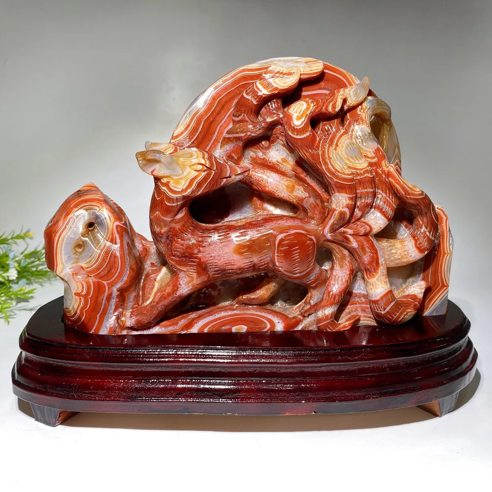 28cm Large Unique Sardonyx Nine-tails Fox Carving Crystal Healing Bulk Wholesale