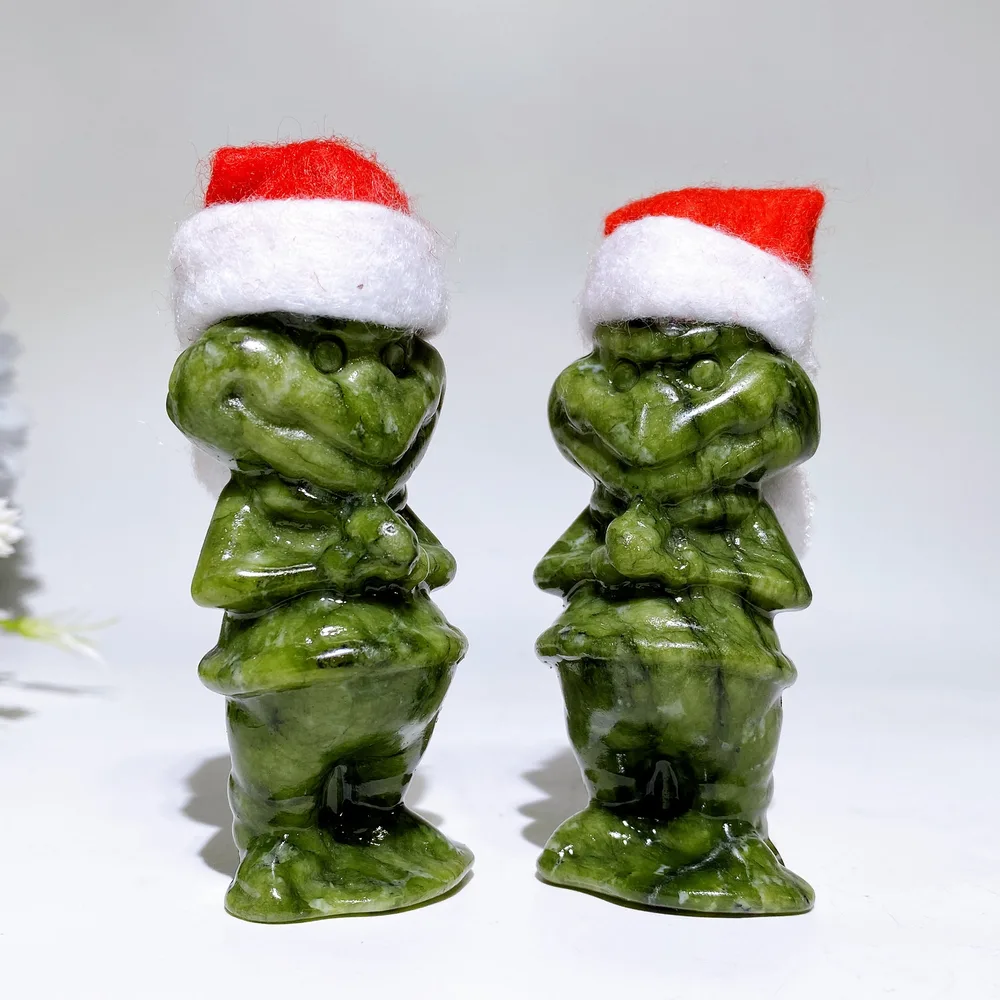 3.2" Serpentine Monster Grinch Carving with Christmas Cap Crystal Healing Bulk Wholesale