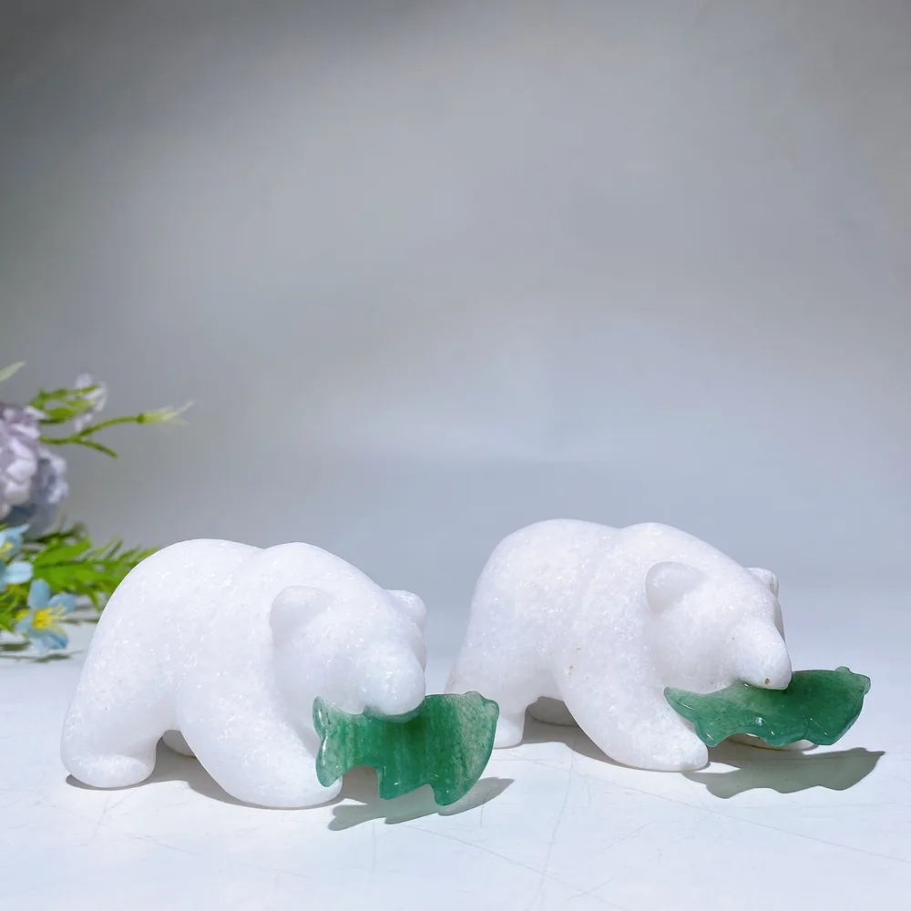 3.2" White Jade Bear with Aventurine Fish Carving Crystal Healing Bulk Wholesale