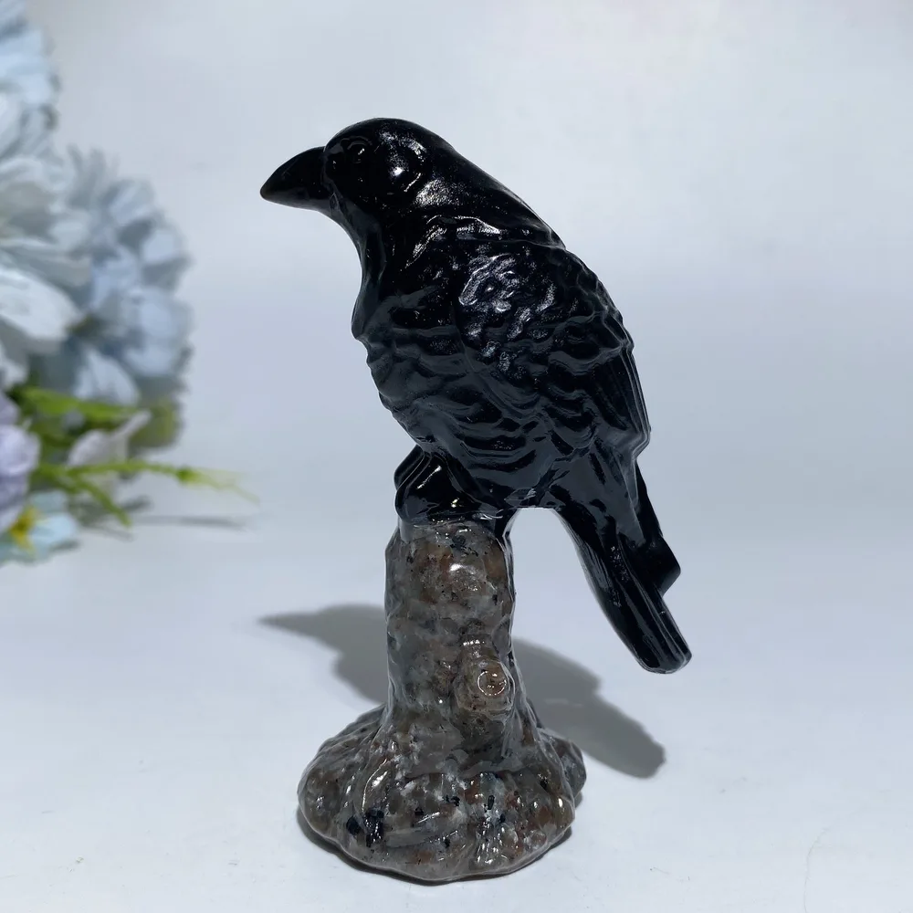 3.4" Black Obsidian Raven on Branch Carving Crystal Healing Bulk Wholesale