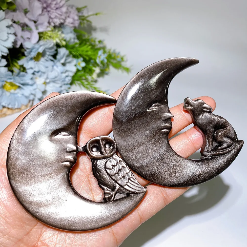 3.4" Silver Obsidian Owl Wolf on Moon Carving Crystal Healing Bulk Wholesale