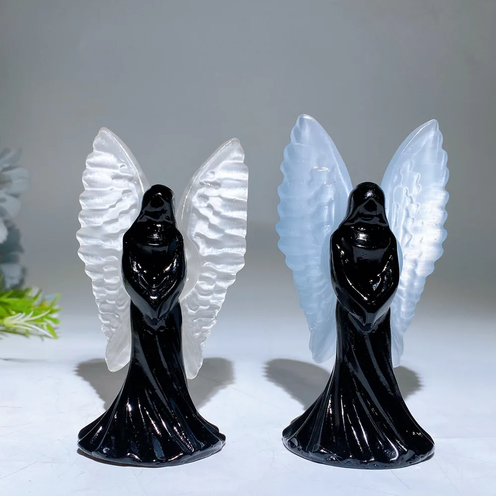3.6" Black Obsidian with Cat's Eye Angel Carving Crystal Healing Bulk Wholesale