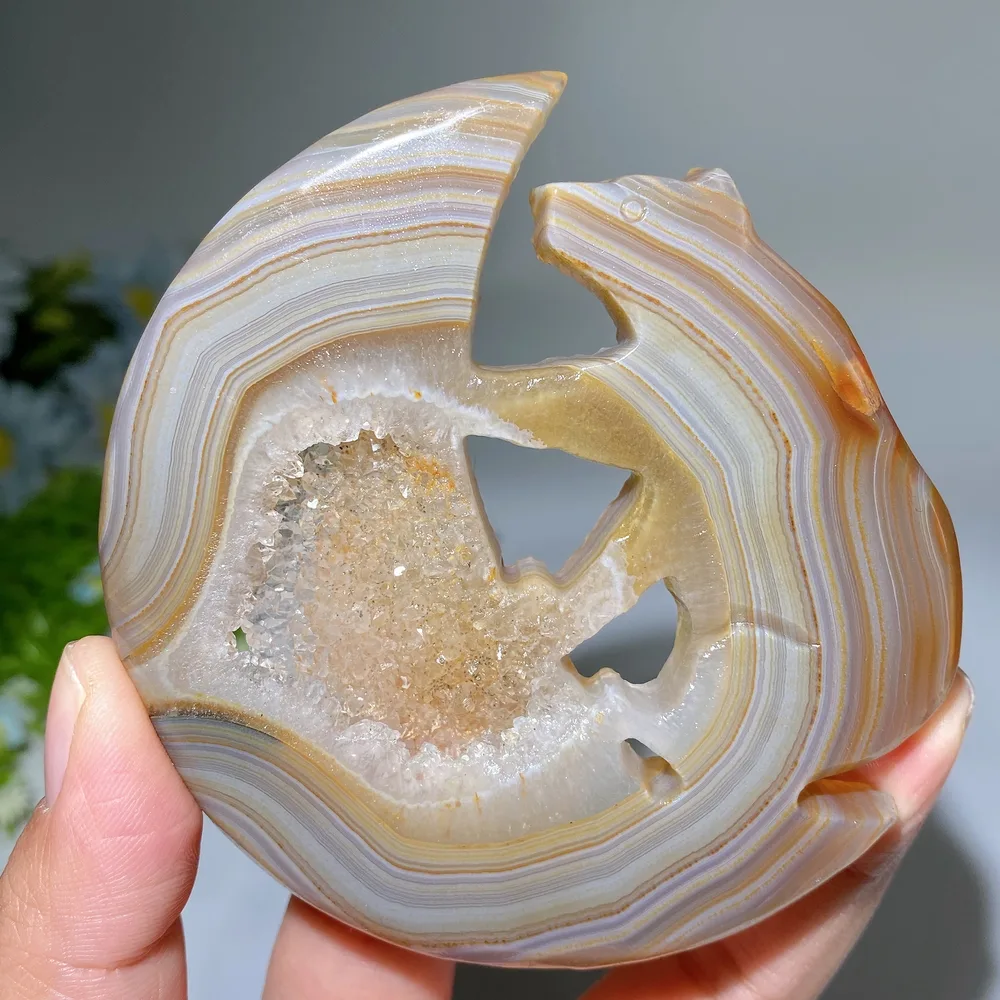 3.6" Druzy Agate Moon Bear Carving Crystal Healing Bulk Wholesale