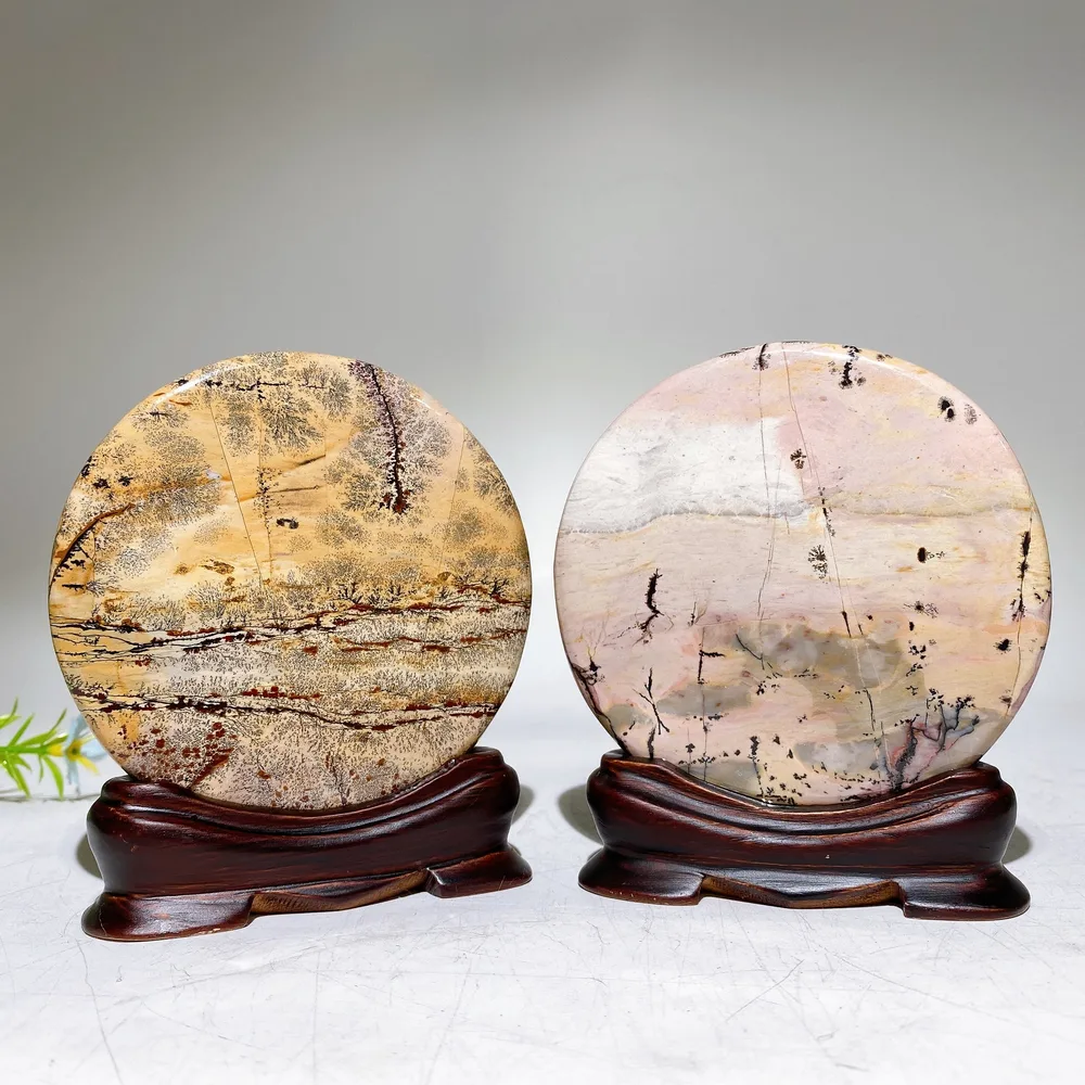 3.7" Picture Jasper Round Slab with Wooden Stand Crystal Healing Bulk Wholesale