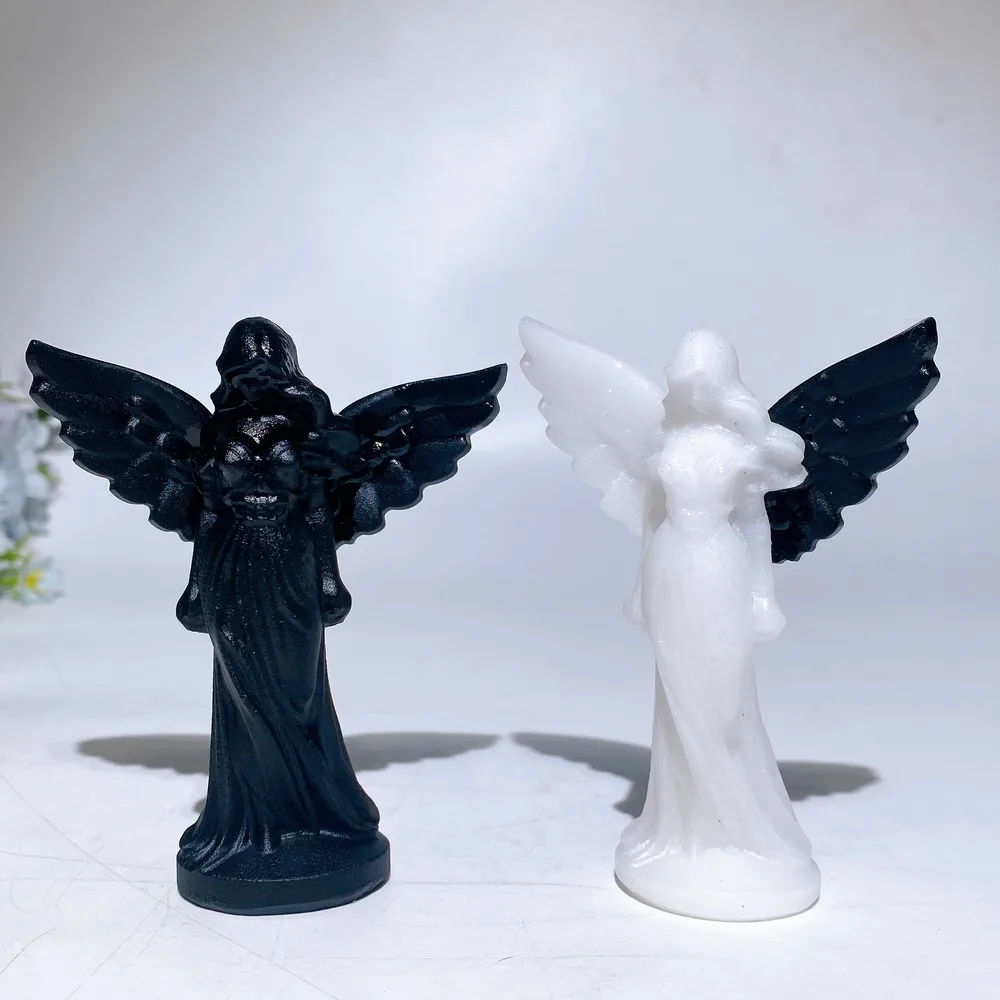 3.8" Obsidian White Jade Angel Carving Crystal Healing Bulk Wholesale
