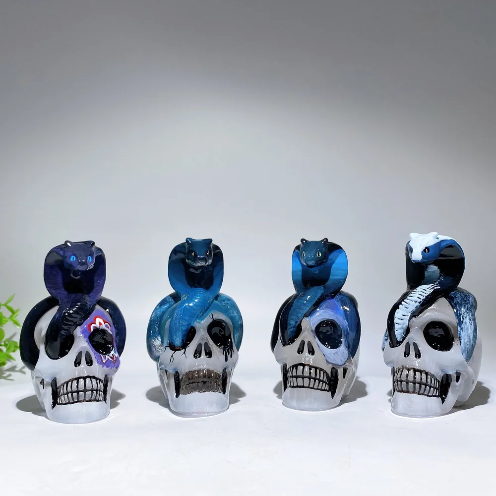 3.8" Selenite Skull with Snake Decor with Hand Painting Crystal Healing Bulk Wholesale