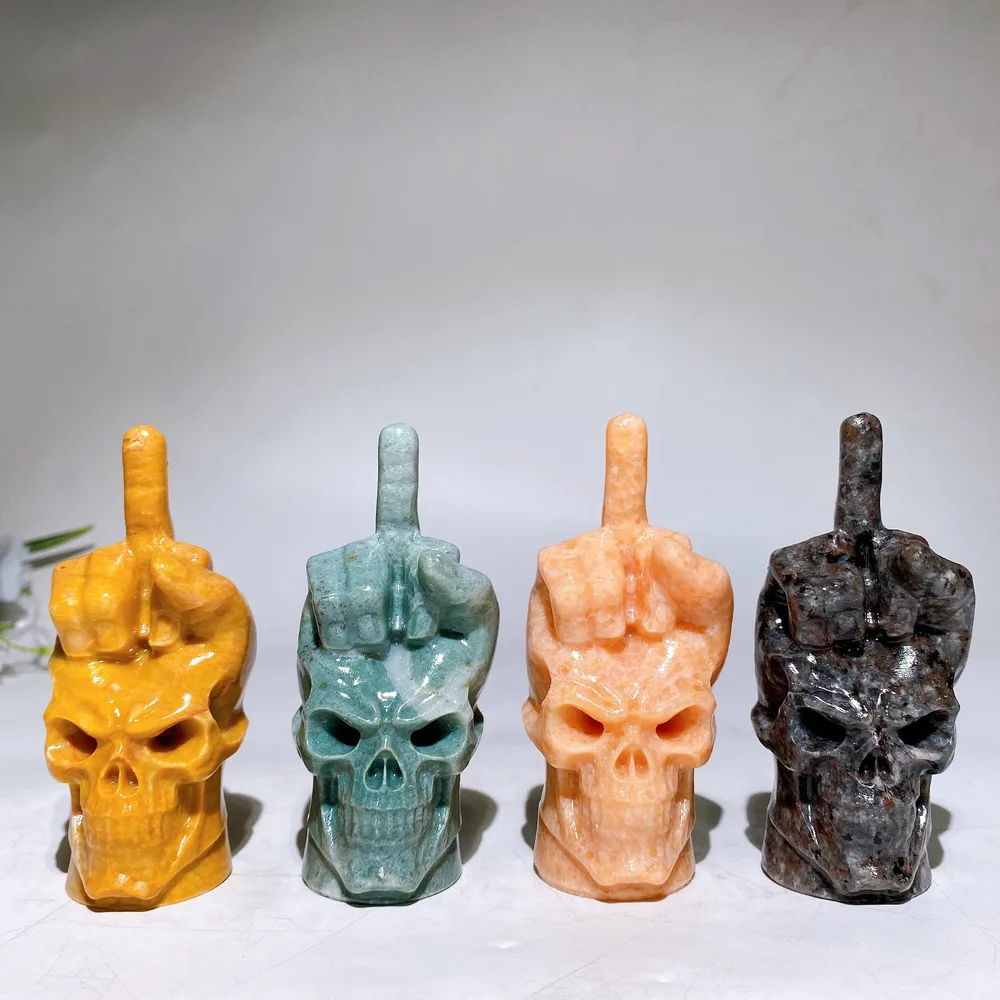 3.9" Crystal Middle Finger Gesture with Skull Carving Crystal Healing Bulk Wholesale