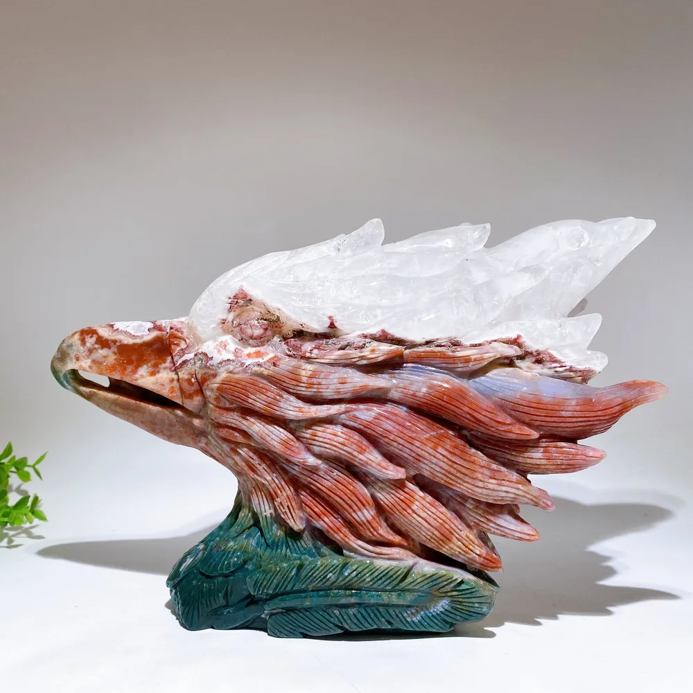 30cm Large Unique Ocean Jasper Growing with Quartz Eagle Head Carving Crystal Healing Bulk Wholesale